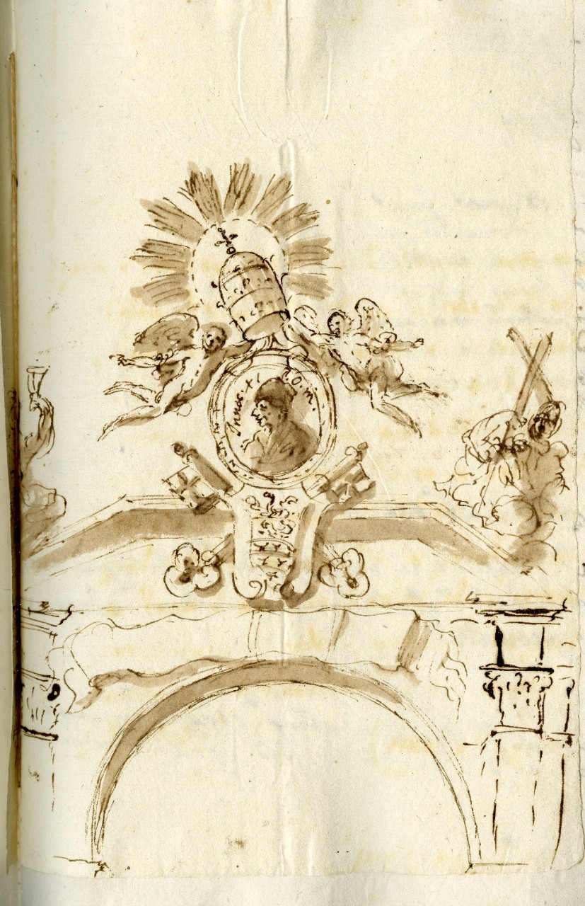 Disegno del ritratto di Innocenzo XI con stemma e triregno